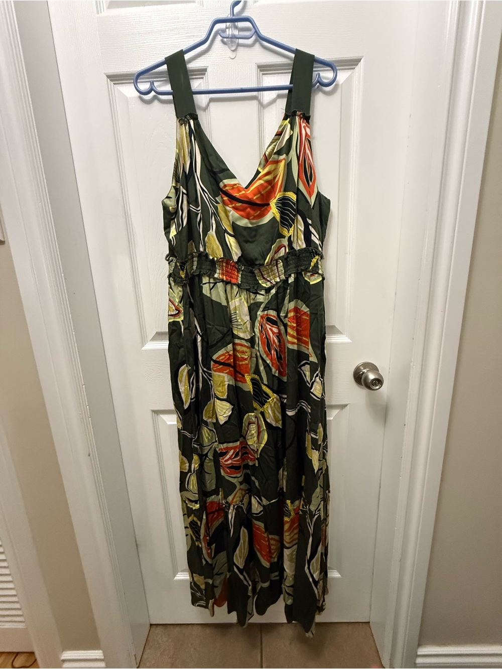 Olive Green Leaf-Print Maxi Dress with Smocked Waist
